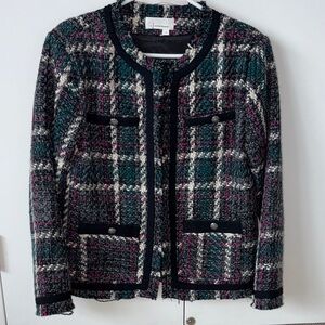 Anthropologie Women’s Tweed Plaid Collarless Jacket - Black, Green & Pink